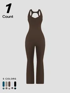 Women's Solid Color Flare Leg Jumpsuit, Casual Comfy Breathable Overalls Jumpsuit for Daily Wear, Tummy Control Butt-Lifting Design, Yoga Gym Workout Running Cycling Wear, Ladies Clothes for All Seasons, Dancewear, Sporty Comfy Jumpsuit, Workout Jumpsuits