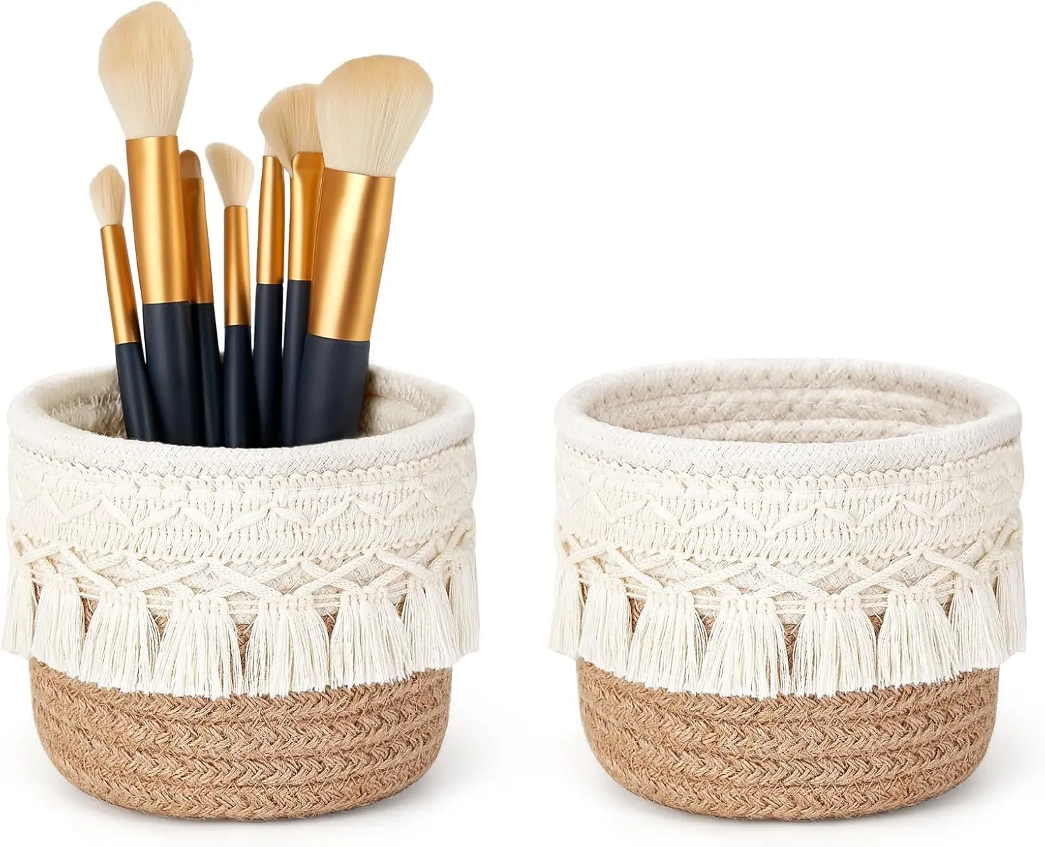 Macrame Bohemian Cotton Decorative Basket - 1pc Universal Beauty Organizer, Home Storage Container for Makeup Brushes, Pens, Pencils, Comb (Boho Home Supply)