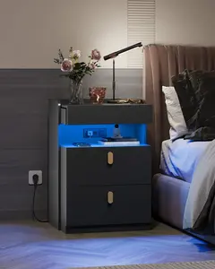 WLIVE LED Nighstand with Charging Station, Night Stand with Sliding Top and 2 Drawers, Modern Bedside Table End Tables with Hidden Space for Bedroom, Living Room