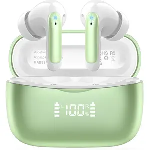 Wireless Earbuds, Bluetooth 5.3 Headphones Stereo Deep Bass with LED Display, 56H Playtime with Noise Cancelling Mic, IPX7 Waterproof in Ear Earbuds, for laptops/tablets/mobile phones/sports, Green