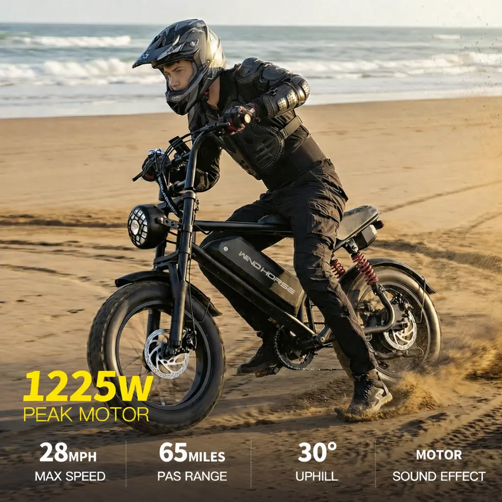 WIND HORSE V8 Moto-Style Ebike for Adults, 59.6 Inches with 1255W Peak Motor, 48V 15.6AH Battery, Built-in Speaker and Bluetooth Connectivity, Adjustable Speed 20-28 MPH, UL2849 Certified, Fat Tires