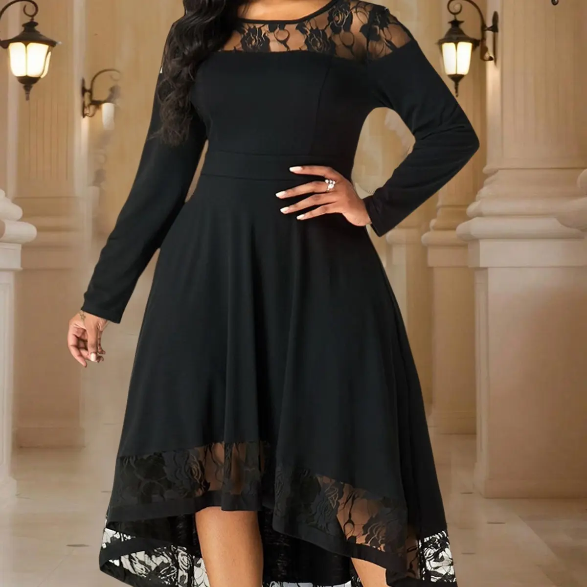 Plus Size Sexy Lace Stitching Elegant Long Sleeve Dress Banquet Evening  Dress Formal Womenswear - TikTok Shop