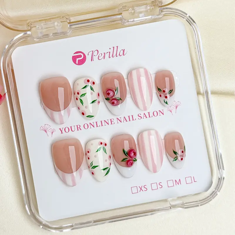 Perilla A1-A15 Almond Shaped Handmade Press On Nails 3D Flowers French Tips with Tool Kit
