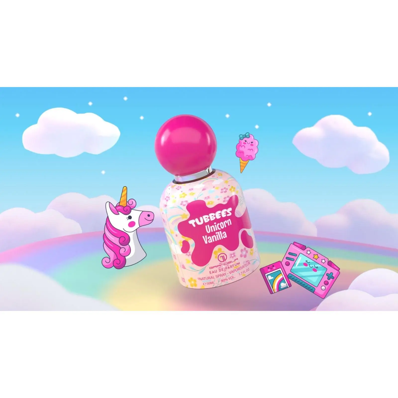 TUBBEES Unicorn Vanilla Kids Perfume, Delicious Scent, 50ML Spray Unisex Fragrance for Kids and Adults, Strawberries & Cream Unisex Fragrance, Bottle, Kids/Adults, Spray On