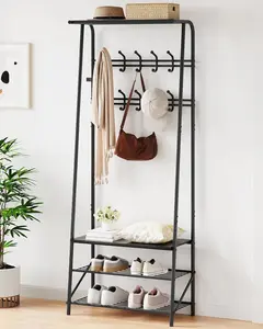 【GARVEE】Entryway Coat Rack with Bench and 3-Tier Shoe Storage, Metal Frame, 8 Hooks, Perfect for Hallway Organization and Shoe Storage