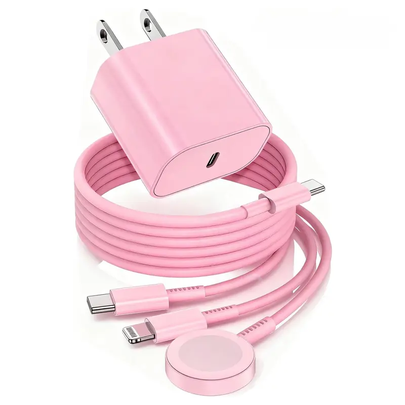 SANPRIO 3-in-1 Magnetic Fast Charging Kit - Wired Adapter with USB-C to Lightning Cord, Lightning Port for iWatch 10/9/Ultra/8/7/SE/6/5/4/3/2, iPhone-Compatible Chargers (Blush Pink Magnetic Sync Solution)
