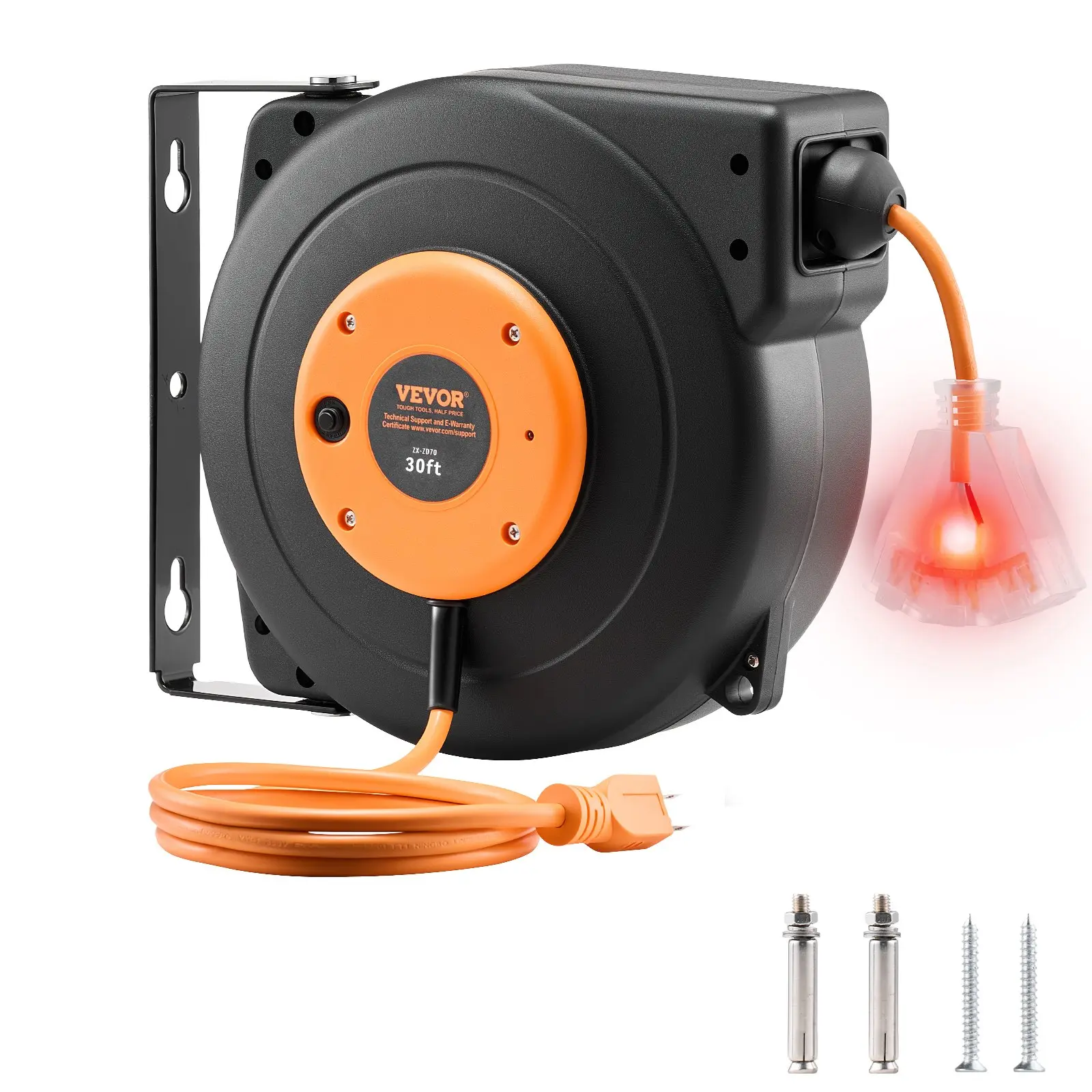 【Summerfinds】VEVOR Retractable Extension Cord Reel, 30 FT, Heavy Duty 16AWG/3C SJTOW Power Cord, with Lighted Triple Tap Outlet 10 Amp Circuit Breaker, for Ceiling or Wall Mount Garage and Shop, ETL Listed Lighting Home