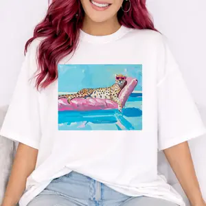 Men's Ribbed Classic Round Neck T-Shirt - Cougar Chillin in Pool Print, Casual Streetwear Day Top, Lightweight Denim-Linen Blend