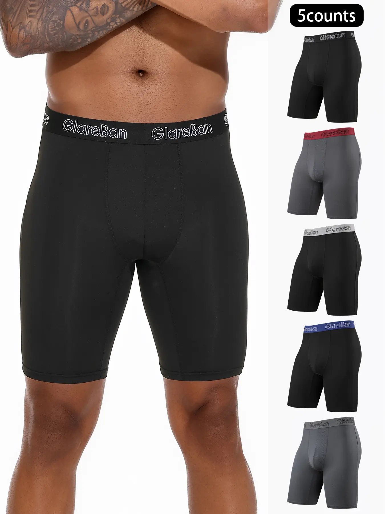 5 Pcs Men's Long-Leg Quick-Dry Sports Boxer Shorts, Soft Comfortable Gym Workout Training Underwear, Premium Quality Boxer Briefs, Stretchy Underwear