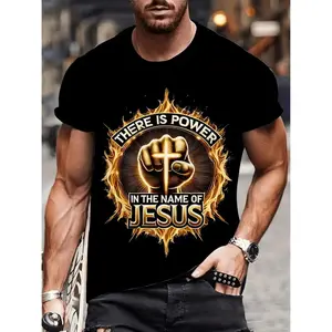 Mens 3D Printed TShirt With There Is Power In The Name Of Jesus Graphic Breathable Comfortable Polyester Urban Streetwear Casual Round Neck Durable Bold Graphic Tee