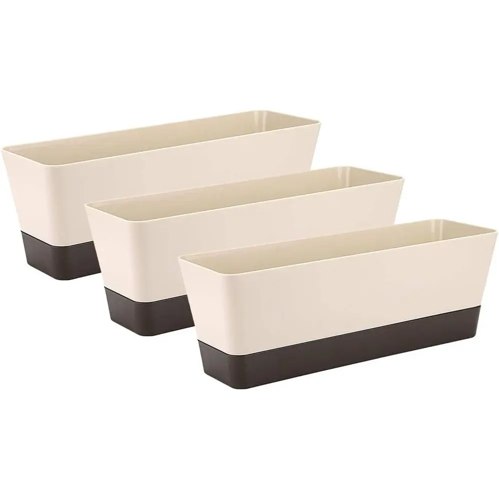 Resin Plastic Modern Rectangular Flower Pots & Planters Set (3-Pack) for Gardening, 12in Wide Top, 3in Planter Depth, 4.3in Total Height, Drain Holes, Saucers, Indoor Home Decor, Outdoor Patio Decor