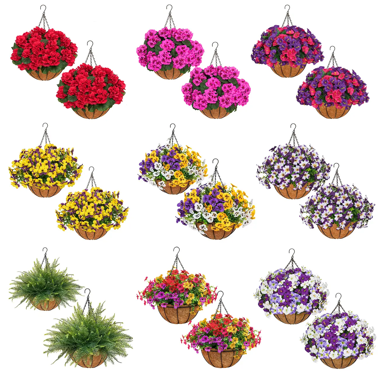 2Pcs Artificial Hanging Flower Baskets, UV Resistant Daisies/Pansies/Morning Glories/Ferns Arrangement, No Maintenance Spring Summer Autumn Winter Decor for Porch Patio Balcony Yard, Home Accessory, House Decor