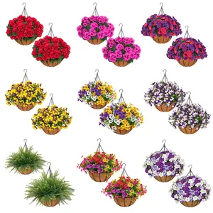 2Pcs Artificial Hanging Flower Baskets for Mother's Day, UV Resistant Daisies/Pansies/Morning Glories/Ferns Arrangement, No Maintenance Spring Summer Decor for Porch Patio Balcony Yard summerwins