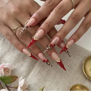 Luxury Leopard & Cherry Press On Nails, Extra Long Red Gold Stiletto Set