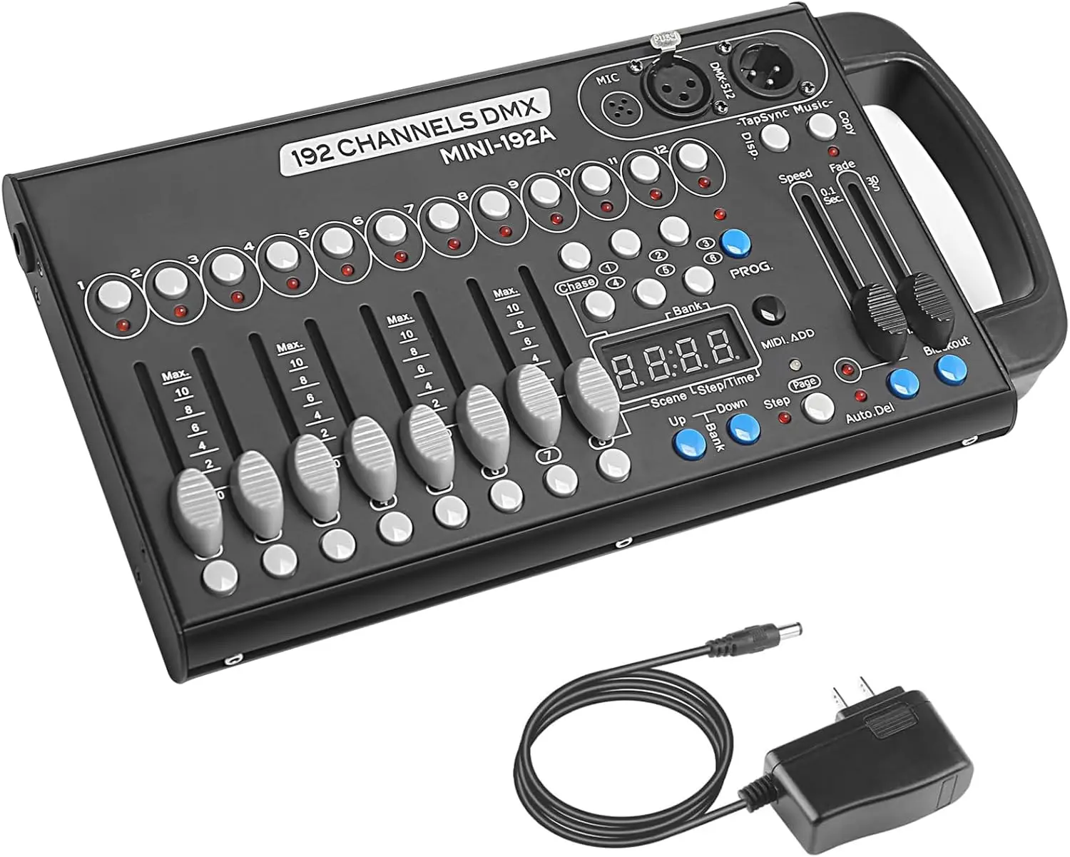 METYONLASER 192-Channel DMX 512 Controller, Portable DMX Control Board with Audio, Tap Function, Synchronization, Chase Feature for DJs, LED Stage Lights (Ideal for Weddings, Clubs)