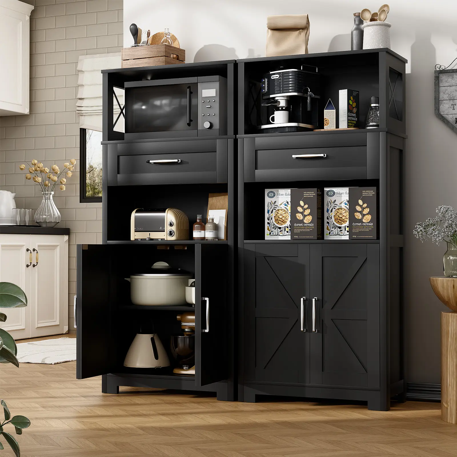 55" Farmhouse Kitchen Pantry Cabinet 5-Tier with 2 Barn Doors & Drawer Tall Sideboard Buffet Cupboards Storage Shelf for Home Office Use Black Furniture