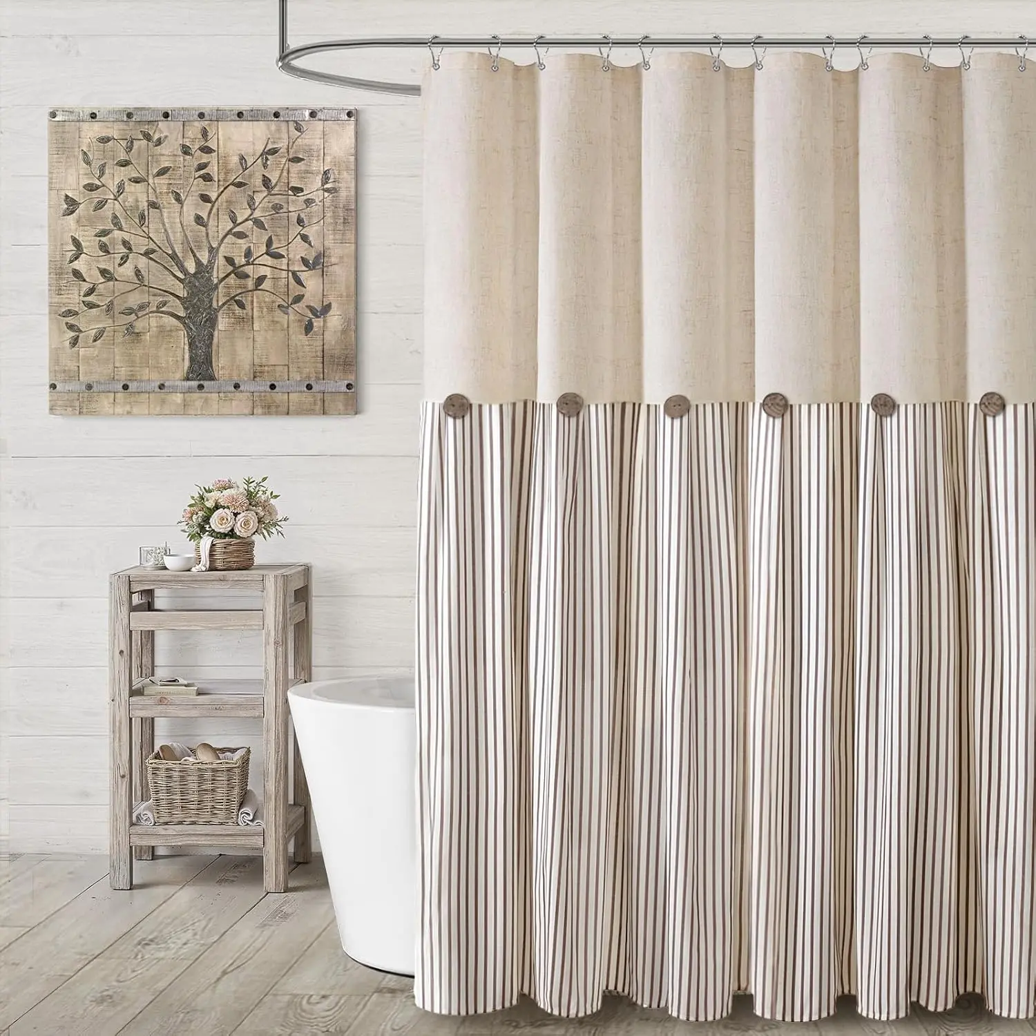Farmhouse Aesthetic Shower Curtain - 72" W x 72" L Black & Cream Button-Woven Linen, Brown Striped Pleated, Country Rustic Western Style Fabric Curtain, Machine Washable Bathroom Home Decor Single Set