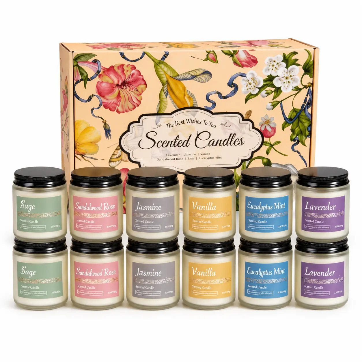 12-Pack Scented Natural Soy Wax Candles Gift Set with 6 Fragrances, Reusable Glass Jars, Floral Gift Box for Women, Wedding Favors, Housewarming