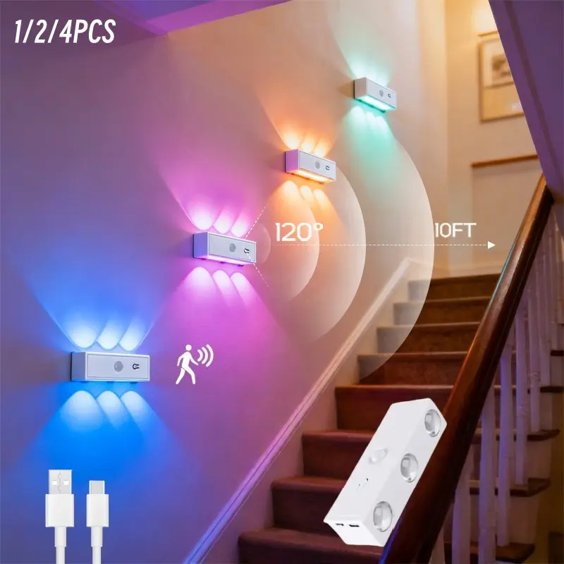 1/2/4 Pack 6-Head Cat Eye LED Wall Light, Led Lighted Wall Sconces, Motion Sensor & Touch Control, RGB Color Adjustable USB Rechargeable Night Light, Wall-Mounted for Living Room Bedroom Closet, Christmas Halloween Decoration, Decorative Lights