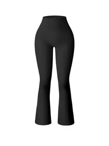 Women's Solid High Waist Sports Flare Leg Pants, Fold Over Flare Pants, Casual Comfy Breathable Seamless Yoga Bell Bottom Trousers for Gym Workout Running, High Stretch Leggings