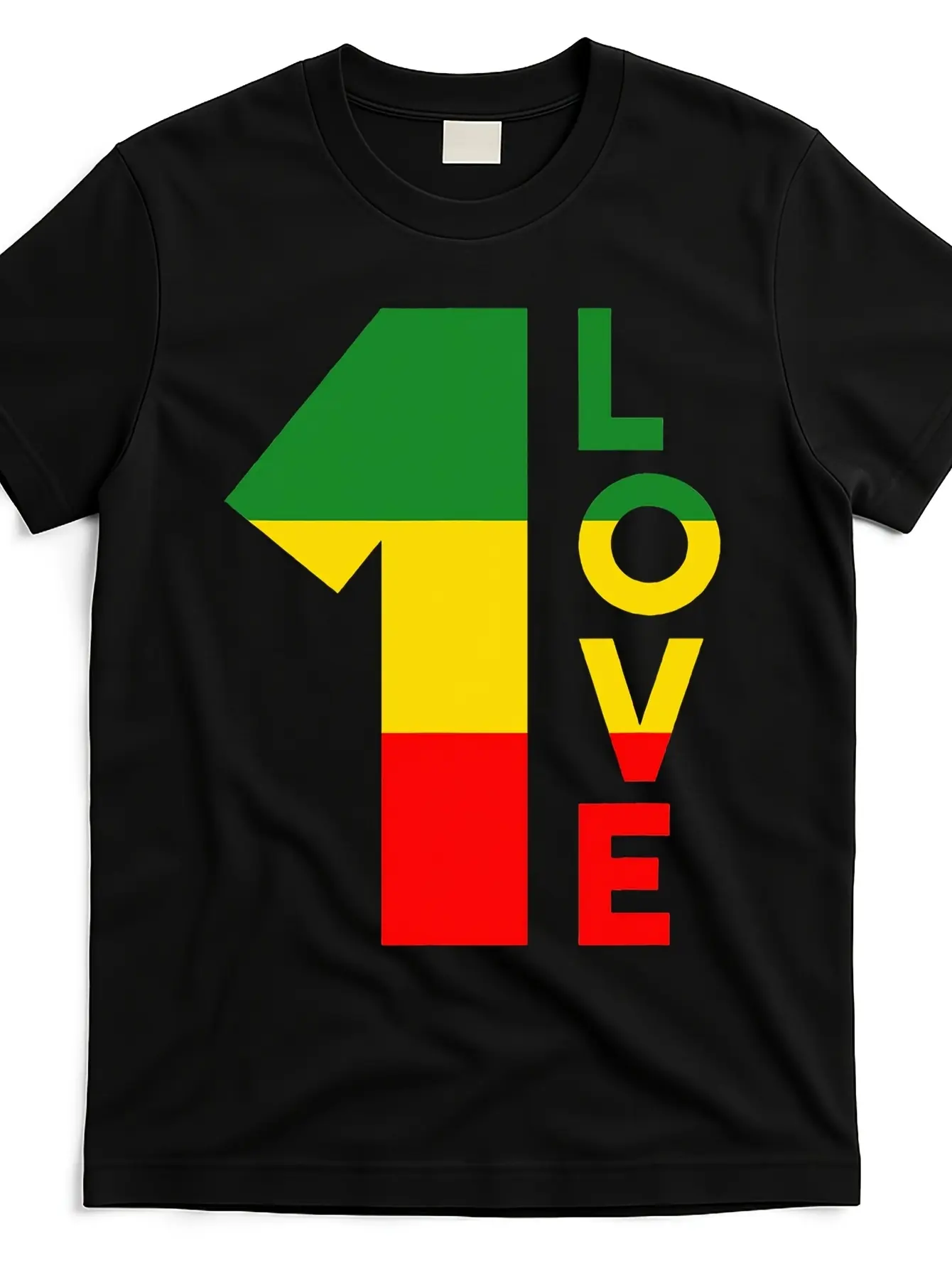 Men's '1 Love' Print T-Shirt, Casual Reggae Rasta Graphic Short-Sleeve Top in Heavyweight 220g Soft Cotton, Shortsleeve, Classic