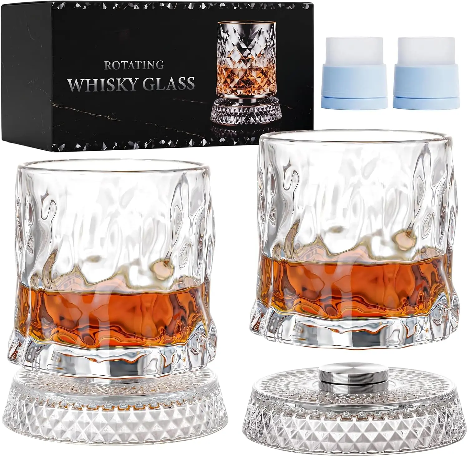 physkoa Spinning Whiskey Glass with Iceball Molds, Old Fashioned Glass | Rotating Old Fashioned Rocks Glasses, Spinning Tumbler Set for Bourbon, Scotch, Cocktails, Gifts for