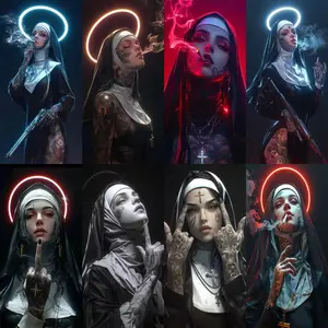 1pc Frameless Sexy Tattoo Machine Gun Nun Poster Print Christian Smoking Nun Canvas Painting Living Room Background Wall Home Decoration Modern Abstract Design (8 Styles Available)