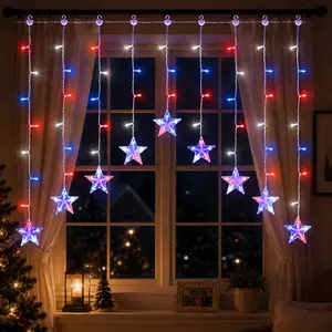 Patriotic Independence Day Curtain String Lights | 9.8ft 118 LED Star Icicle, Battery Powered Batteries Not Included, Waterproof 8 Modes Timer for Window Outdoor