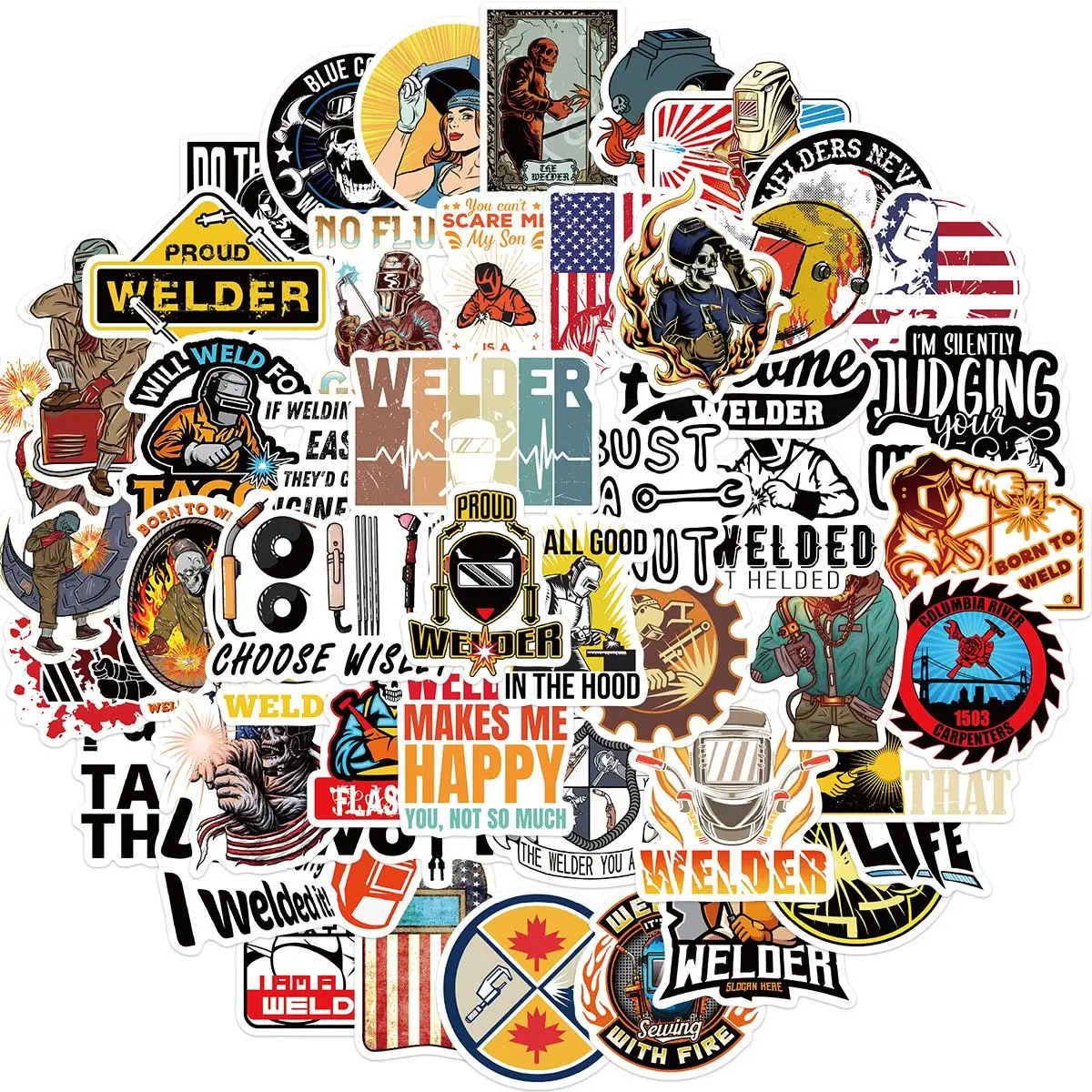 Welding Themed Sticker, 50pcs/set Round Welding Sticker, Funny Sticker for Helmet Welding Construction Worker Lineman Oilfield Electrician, Decorative