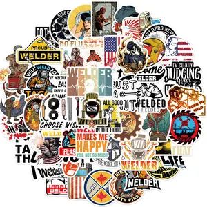 Welding Themed Sticker, 50pcs/set Round Welding Sticker, Funny Sticker for Helmet Welding Construction Worker Lineman Oilfield Electrician, Decorative