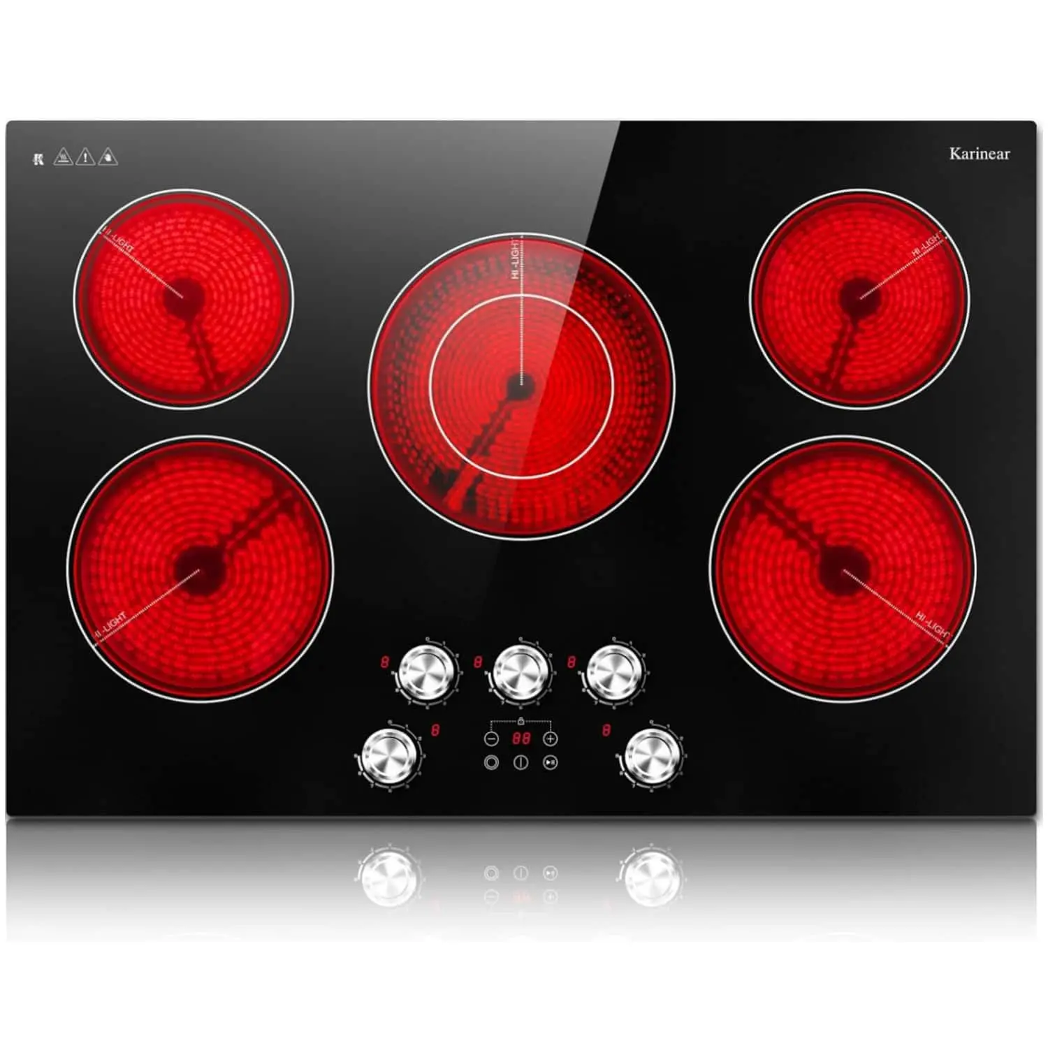 Karinear 30-Inch Built-In Induction Hob - 5-Burner, 8500W Power, 240V, Knob & Touch Control, 9 Power Levels, Timer, Child Lock, Pause, Residual Heat Indicator, Automatic, Black Knob & Glass Surface, 29.13”x19.3”x3.07”, Kitchen Appliance with Scraper, Seni