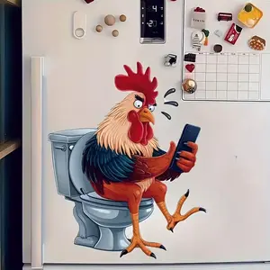 Funny Rooster Phone Toilet Lid Sticker Decal, Reusable Adhesive Wall Stickers for Bathroom Decorations, Fun Refrigerator Magnets Decor
