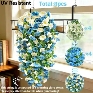 8-Piece Artificial Blue Hanging Floral Set, UV-Resistant Plastic Wreath, Wedding Garden Patio Courtyard Decor, Durable Outdoor Decoration,fade resistant faux flowers,weatherproof and long-lasting,no maintenance and realistic.