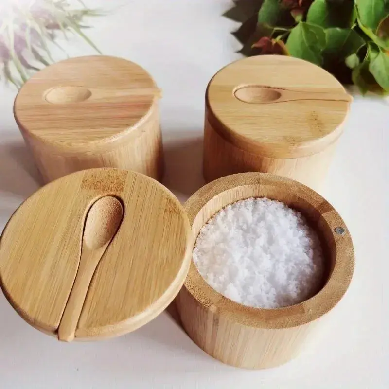 Natural Bamboo Salt & Condiment Canister Set with Lidded Containers, Spoons, Simple-Design Storage Jars for Home Organization, Looks Great on the Counter