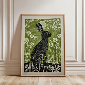 [SALE UP TO 40%][Unframe] Hare in Moonlit Meadow Poster: Japanese Woodblock Style Art Print, Vintage Animal Wall Decor, Retro Nature Poster for Living Room