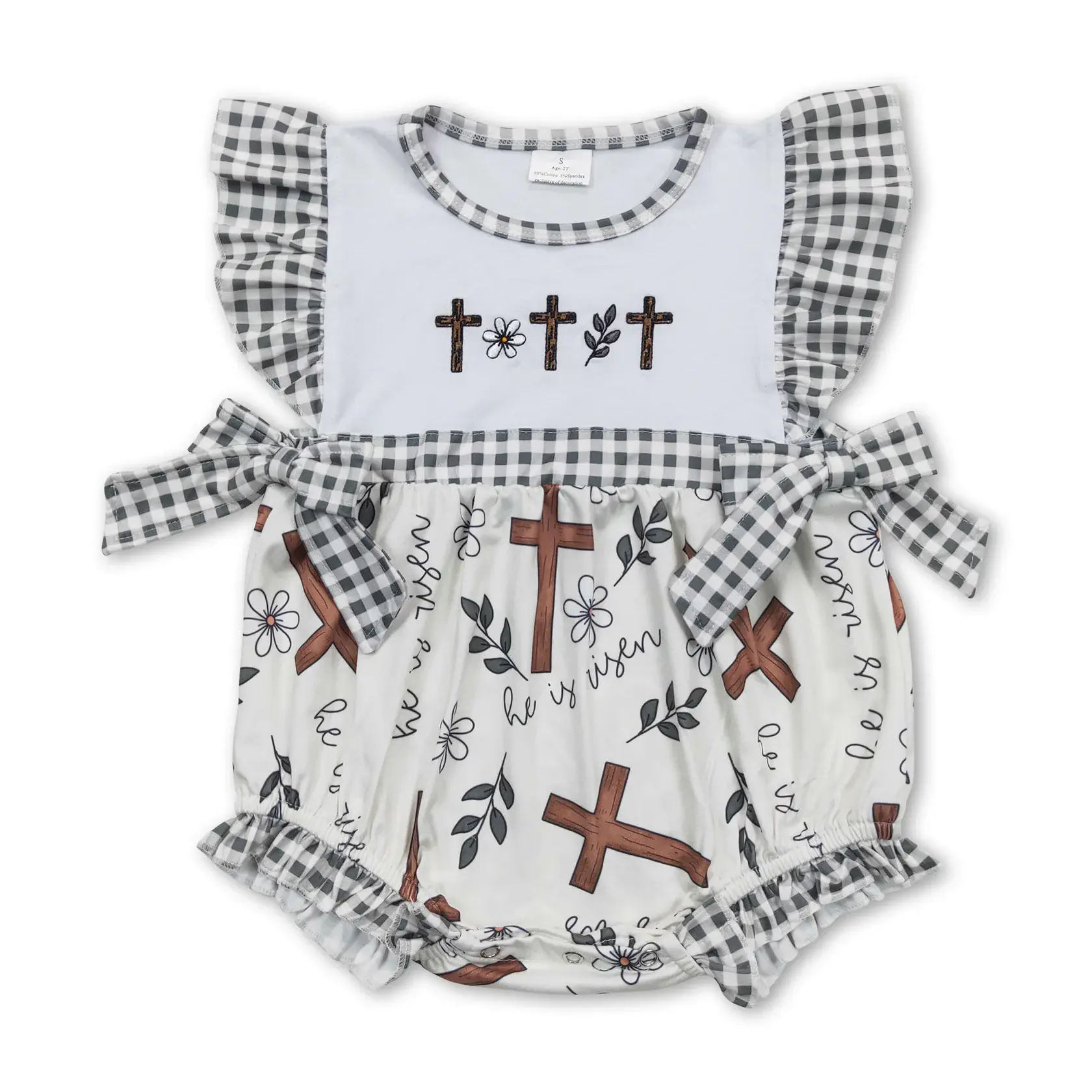 Baby Girls' Easter Romper with Ruffle Sleeves, High-Quality 1-Piece Bodysuit with Embroidered Cross, Cute Baby Clothing