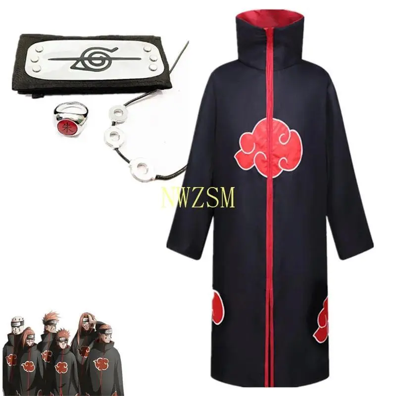 Anime Naruto Akatsuki Cosplay Ninja Costume Uchiha Itachi Red Cloud Cloak Robe Cloak Headband Props Halloween Clothes