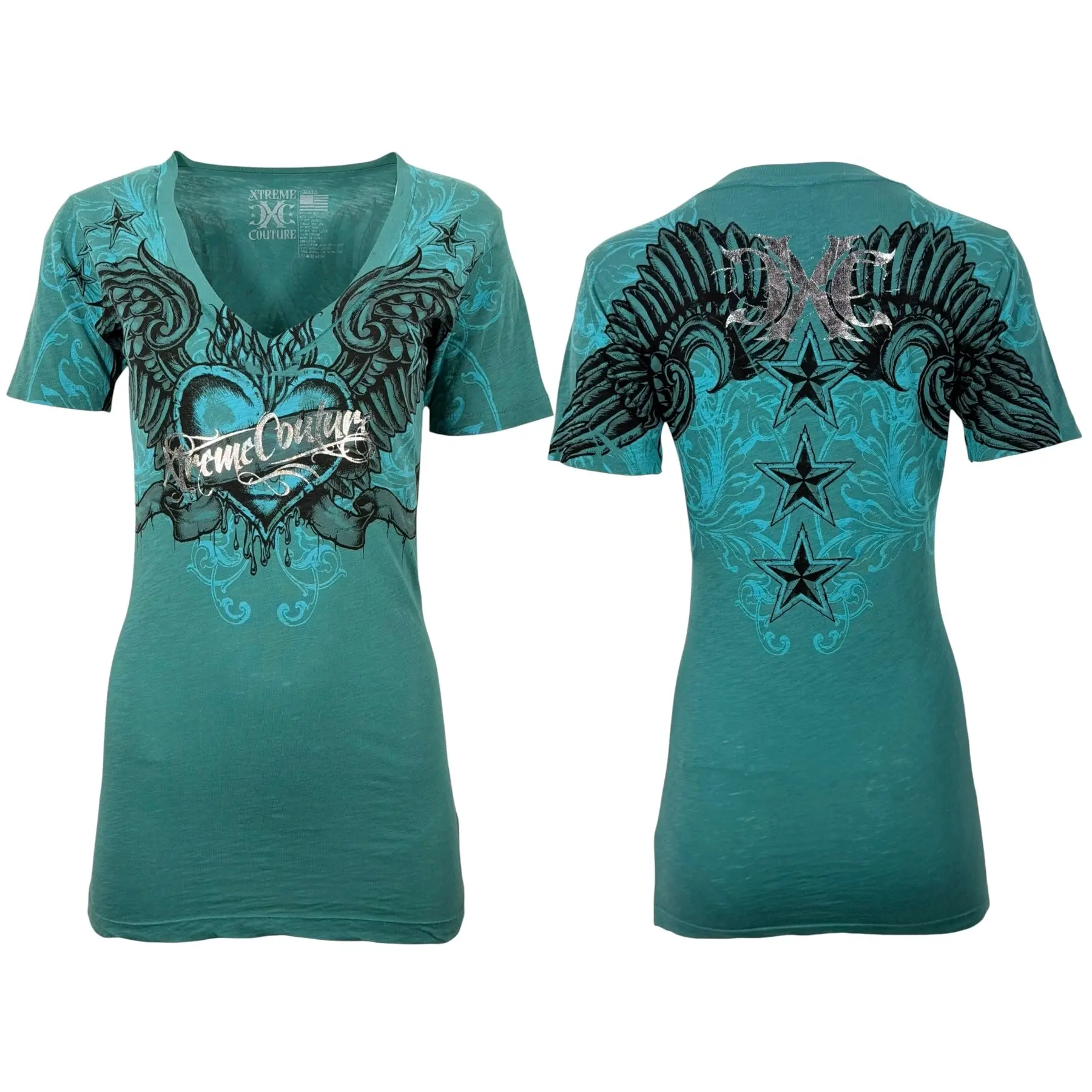 Xtreme Couture by Affliction Women's Regular Fit 100% Cotton V-Neck Short-Sleeve Printed Front Top, Star Flight Clothes for Women
