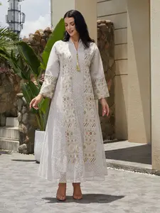 Muslim Embroidered Sequin Plus Size Women's Modest Style Dress, Elegant Long Sleeve Geometric Pattern, Loose-Fitting All Seasons Fashion