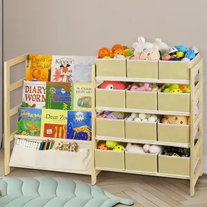Toy Organizer with Bookshelf, 4-Tier Solid Wood Kids Bookshelf and Toy Storage, Large Capacity Toy Storage with 12 Foldable Toy Bins, Easy Assembly Multipurpose Shelf Organizer