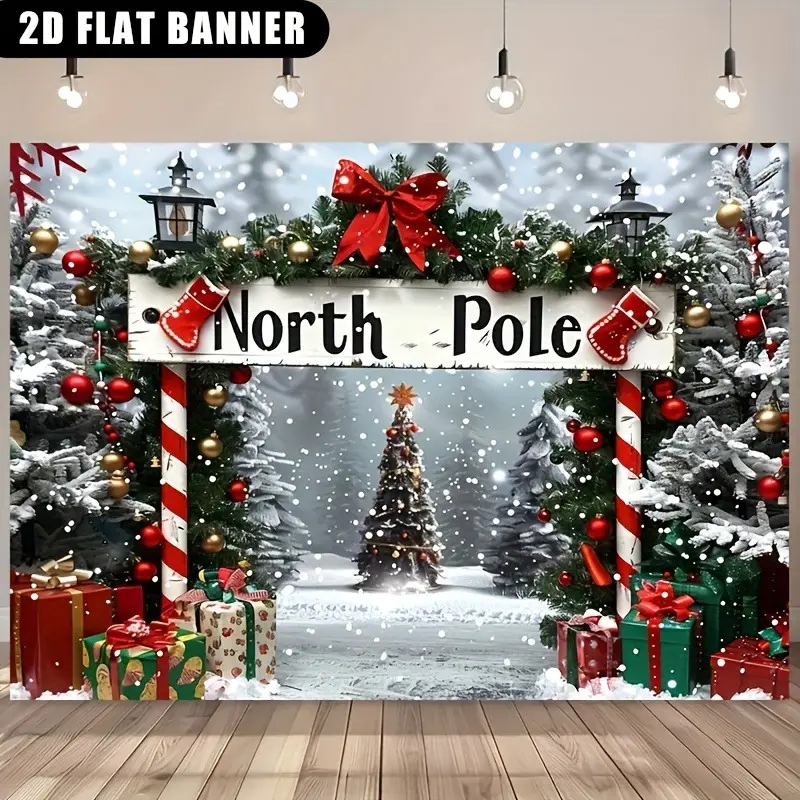 North Pole Christmas Backdrop – "North Pole" Sign, Candy Cane Posts, Snowy Trees & Gifts, Ideal for Kids’ Christmas Parties & Family Photo Shoots, Brings Festive Fairy-Tale Vibe, A Joyful Christmas Gift for Children