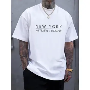 New York letter print crew neck short sleeve tee-comfy breathable geometric pattern polyester T-shirt for weekend casual-machine washable, regular fit summer essential