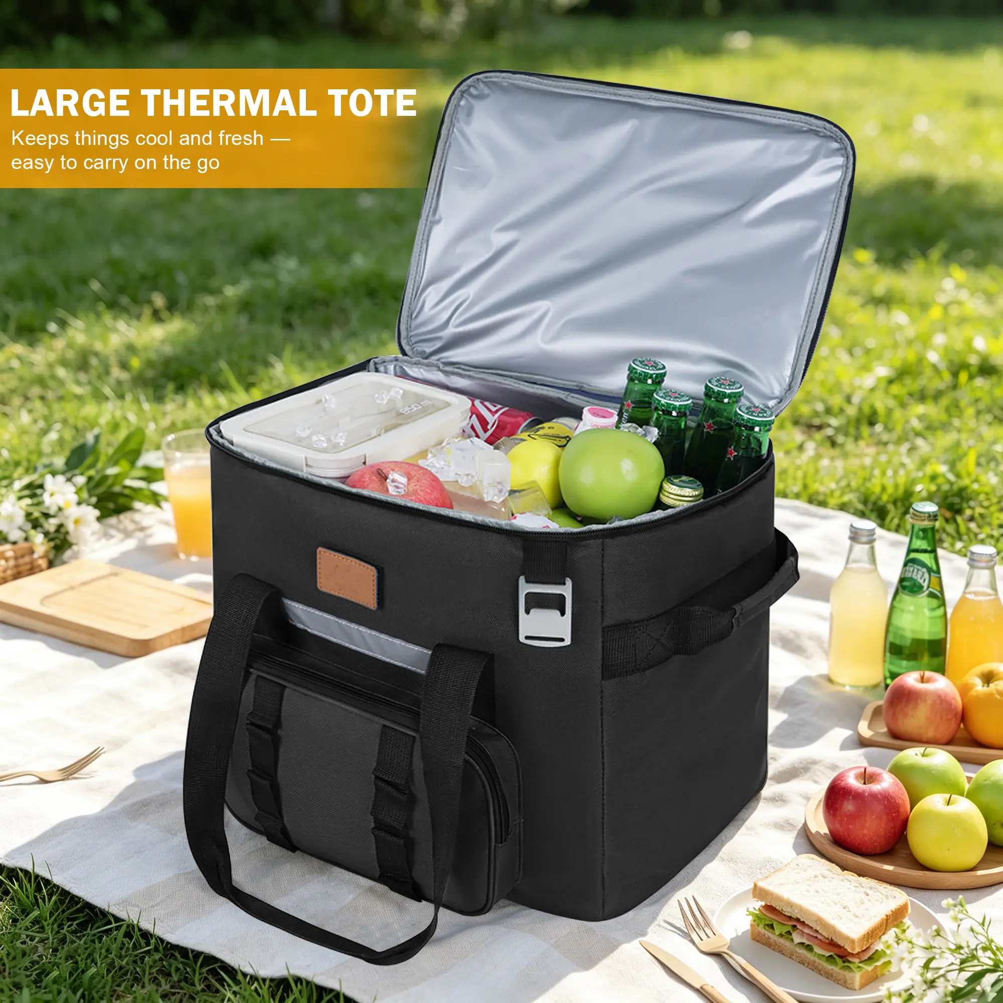 Portable foldable double-layer insulated bag — leakproof lunch thermos box, holds up to 48 cans; oversized outdoor thermal container for hot and cold foods, suitable for the beach, picnics, camping, fishing, and shopping