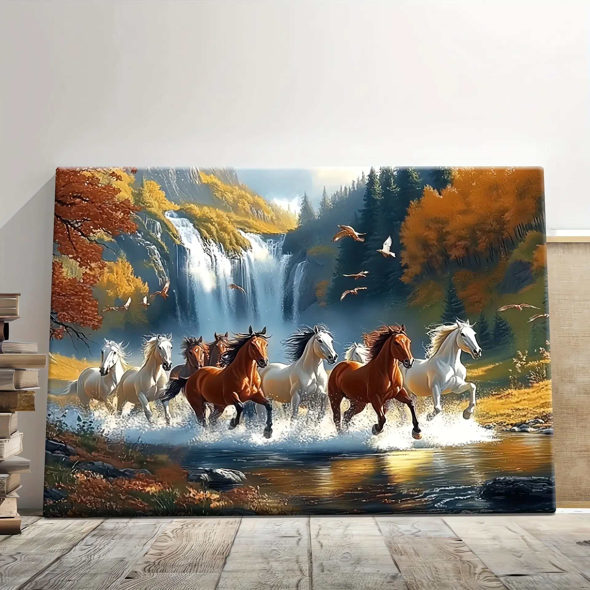 1-Piece Horse-Themed Wrapped Canvas Print Artwork with Wood Frame - 2D Flat Artistic Autumn Forest & Waterfall Galloping Design, Home Decor for Living Room Aesthetic, Back to School, Black Friday, Chinese New Year, Independence Day, Carnival