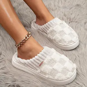 Fluffy Warm Home Slippers for Women – Fuzzy Memory Foam Checkered Plush Indoor House Shoes, Soft Cotton Closed Toe Cozy Winter Bedroom Footwear
