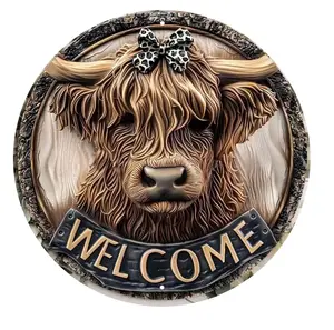 Aluminium Round Welcome Highland Cow Wreath Sign - Decorative, UV-Protected, Wall-Mountable, Assorted Sizes
