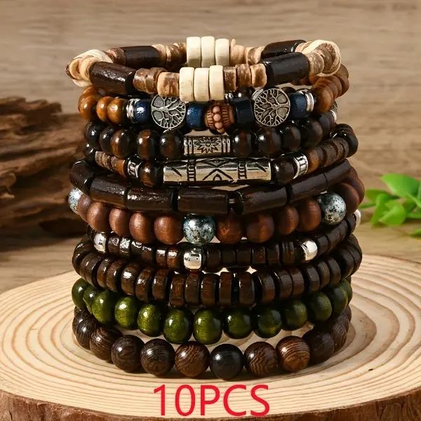 Women & Men's 10-Piece Handmade Wooden Beaded Bracelets Set - Bohemian Look Handmade Stacking Bangles, Casual Wear Matching Pairs Costume Jewelry, Multicolored Mix, 5.5Cm/2.17Inch, Daily, Unisex, Arm Candy Accessories, Ethnic