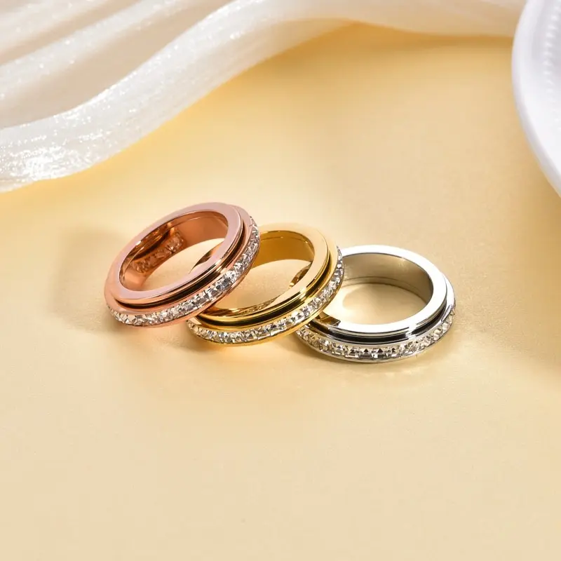 Anxiety Rings for Women and Men Titanium Steel Spinner Fidget Band Rings with Cubic Zirconia for Stress Relief and Wedding Promise Comfort Fit Size 5 to 12