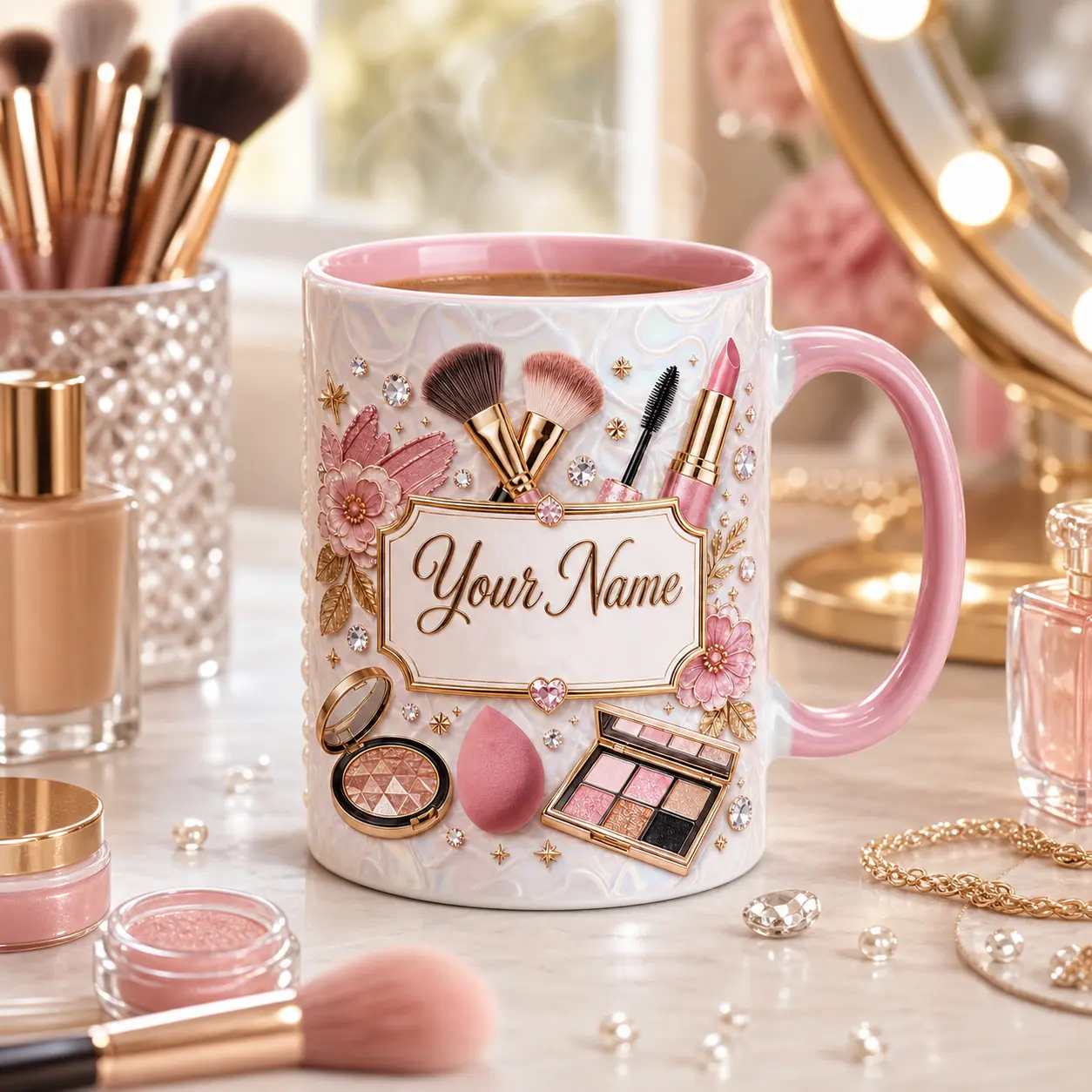 Pink Beauty Mug 2D Printed 3D Effect, Custom Name Ceramic Coffee Cup with Makeup Brushes Palette Lipstick, Gift for Beauty Lover Her