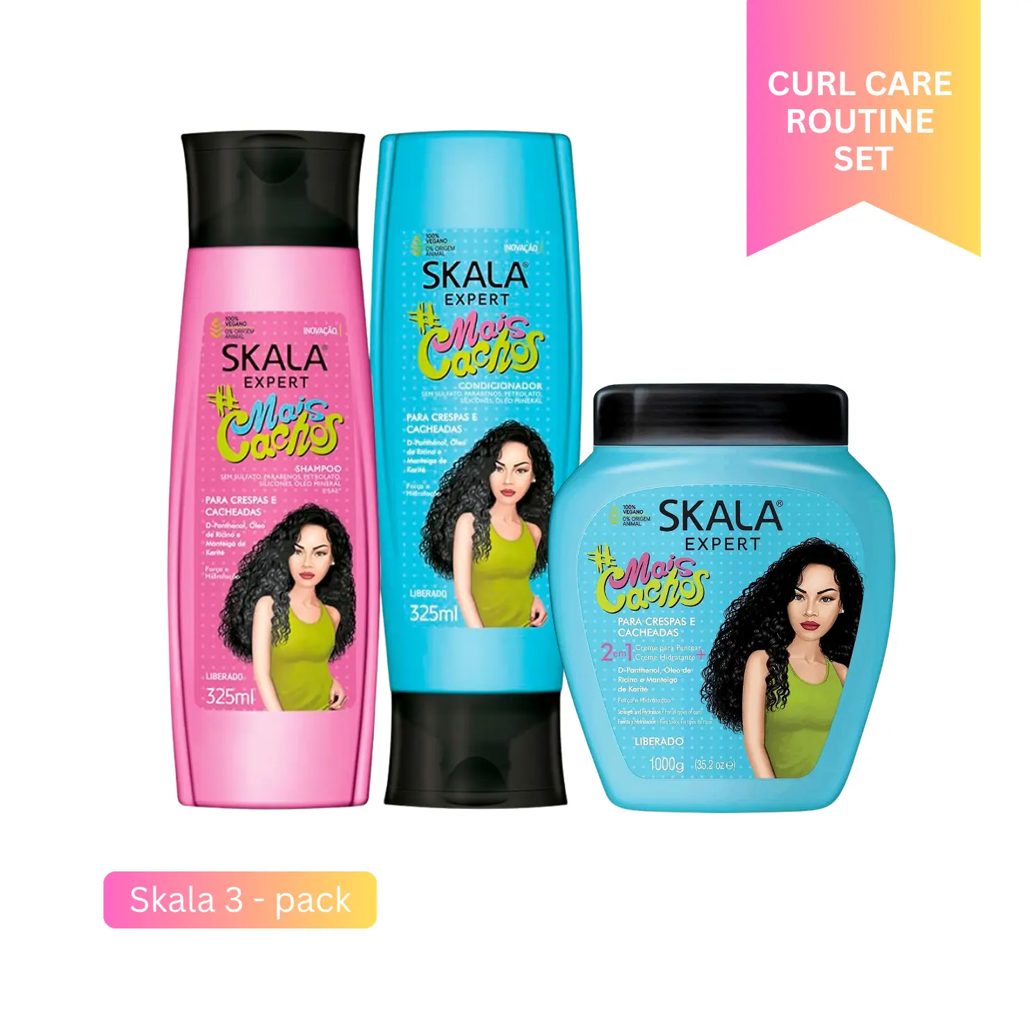 Skala Curly Haircare Routine Set [Mother's Day Special] - Vegan Moisturizing Shampoo, Mais Cachos Conditioner, 2-in-1 Shea Hydrating Cream with Frizz Control